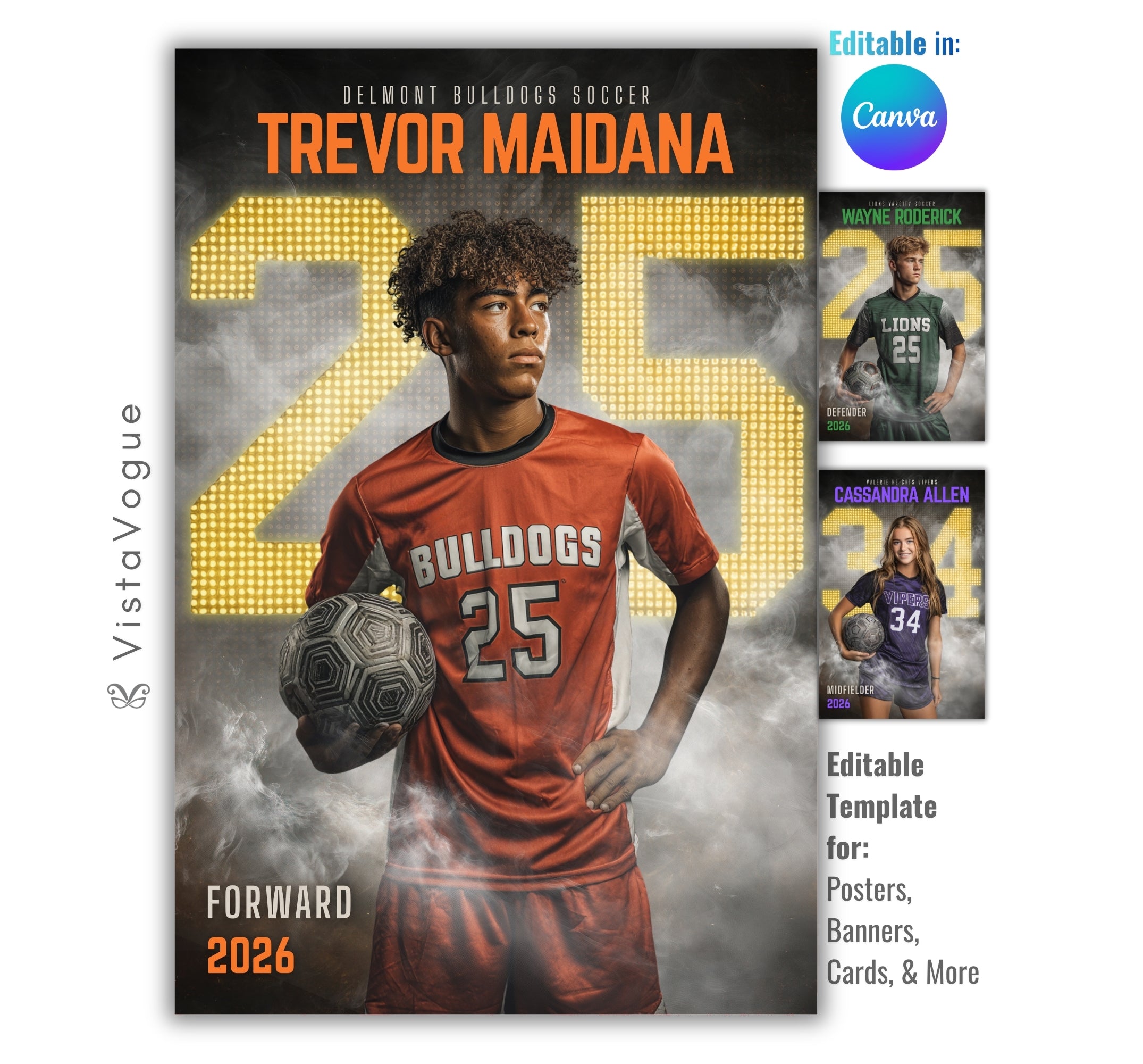 Soccer senior night poster and player banner template editable in Canva with oversized glowing dotted scoreboard-style number and smoky dark backdrop behind the full-body athlete