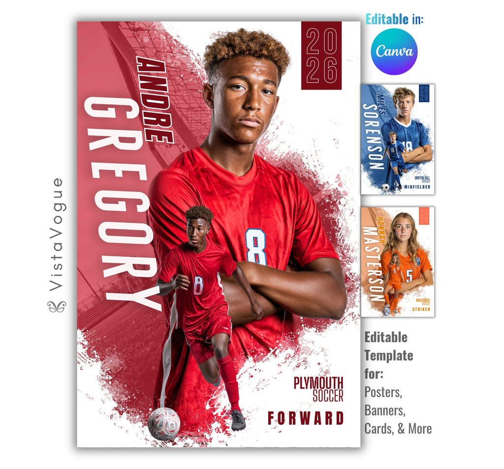 Soccer senior night poster template editable in Canva with grunge textured graphics, layered action player pose, and athlete banner layout for posters and memory mates