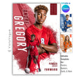 Soccer senior night poster template editable in Canva with grunge textured graphics, layered action player pose, and athlete banner layout for posters and memory mates
