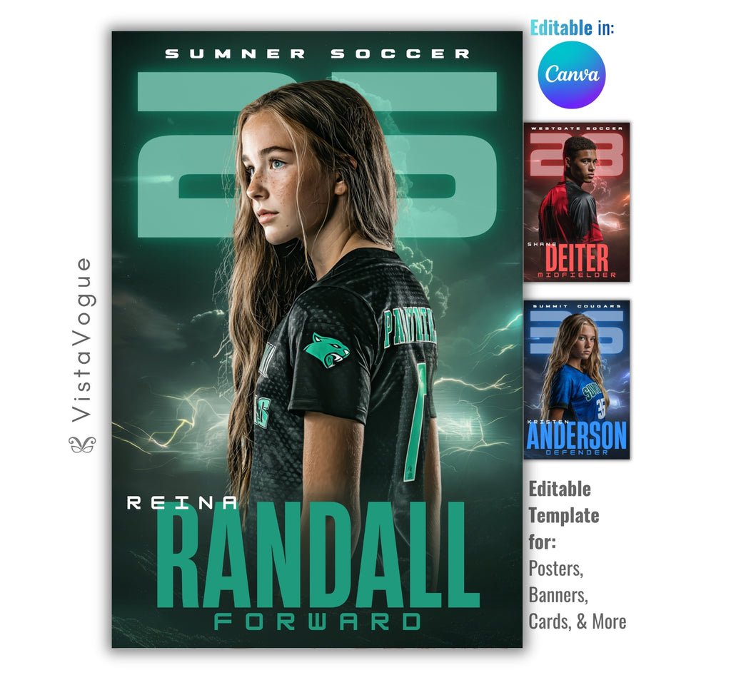 Soccer senior night poster template editable in Canva with glowing oversized numbers, lightning effects, and customizable athlete banner design for sports graphics and player posters