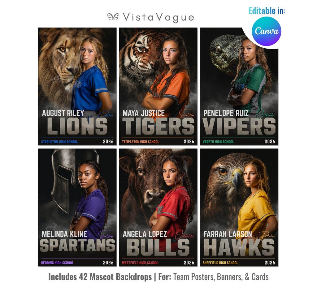 Soccer senior night poster and player card template editable in Canva with dramatic smoky backdrop and realistic mascot animal paired with the athlete and bold team name typography