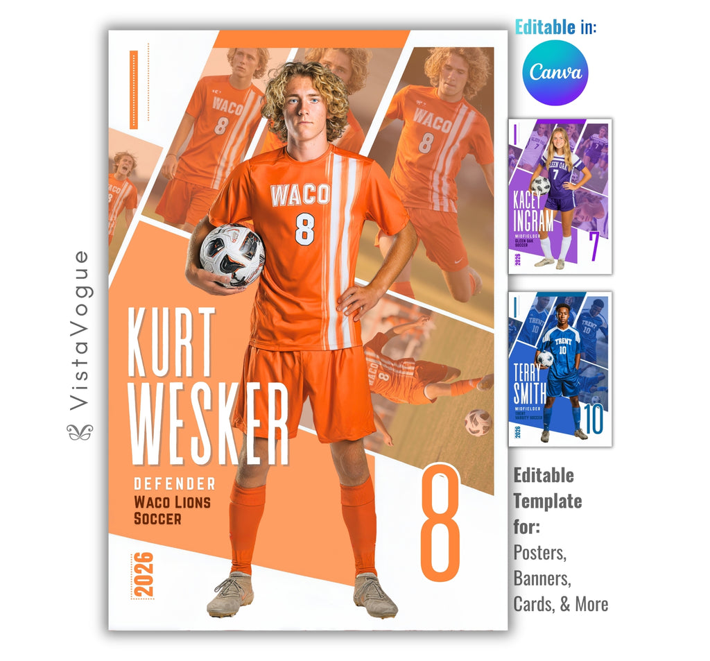 Soccer poster template editable in Canva with geometric multi-photo collage layout and layered athlete images