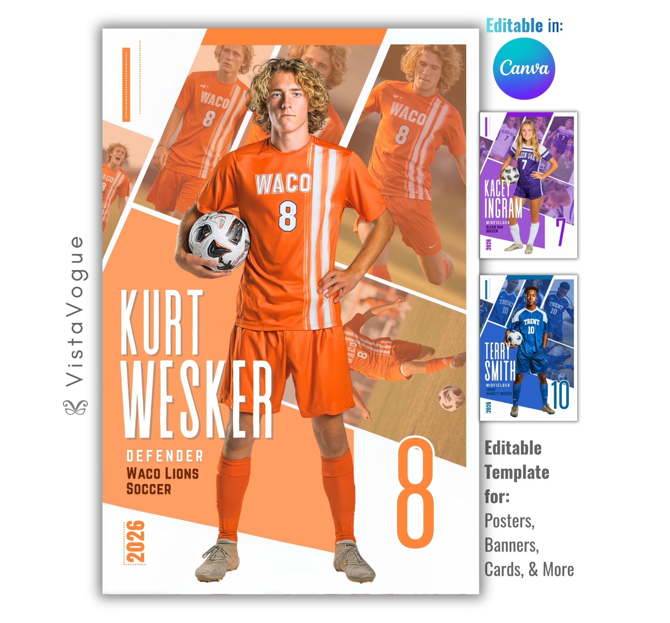 Soccer poster template editable in Canva with geometric multi-photo collage layout and layered athlete images