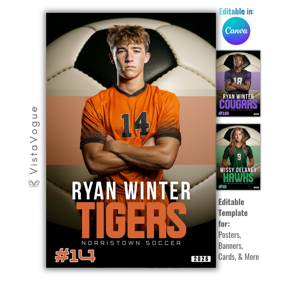 Soccer sports card and poster template editable in Canva with close-up oversized soccer ball filling the background behind the athlete and bold team name typography below