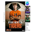 Soccer sports card and poster template editable in Canva with close-up oversized soccer ball filling the background behind the athlete and bold team name typography below