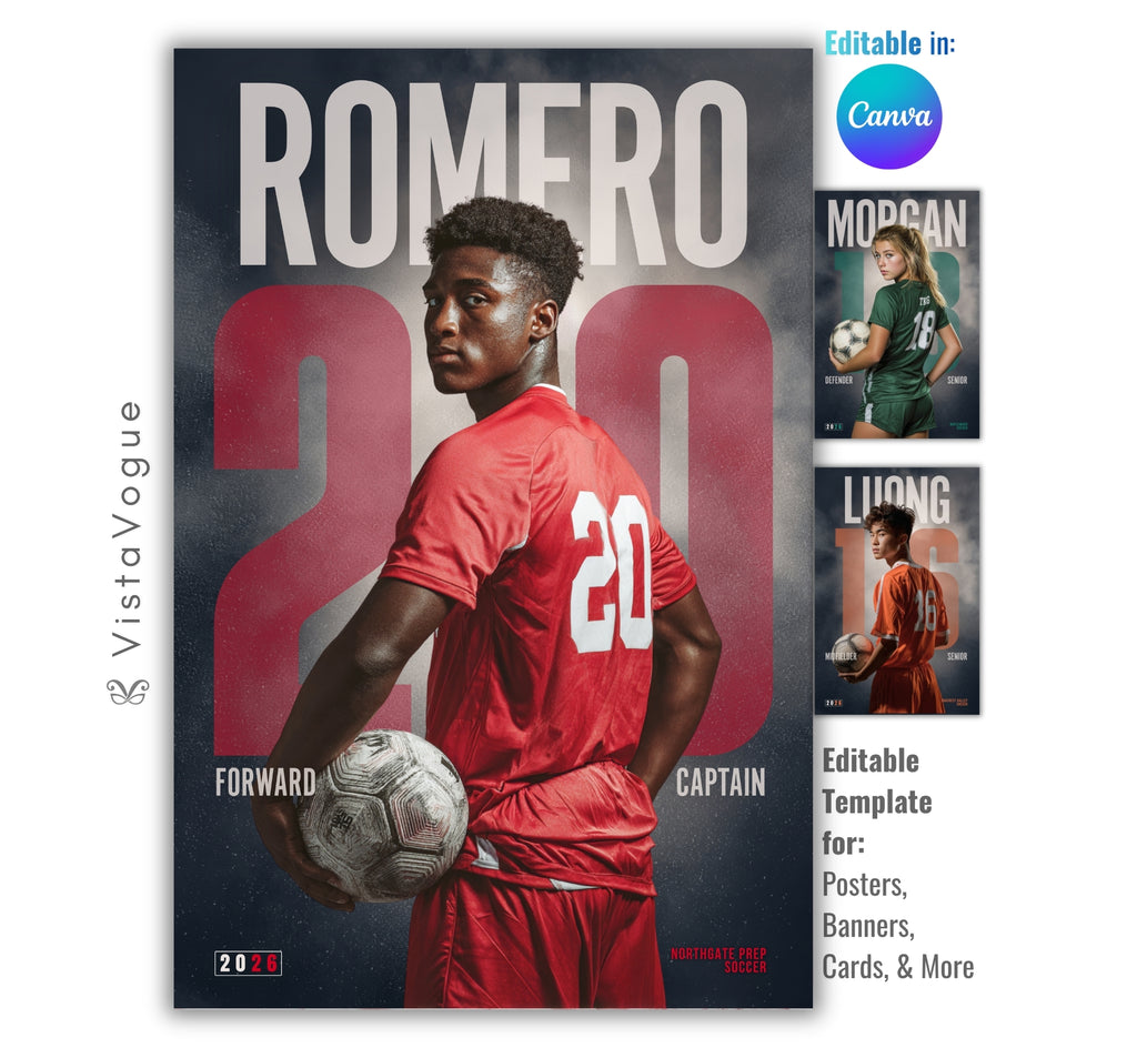 Soccer senior night poster and player banner template editable in Canva with oversized jersey number and bold surname typography over a smoky dark backdrop behind the athlete