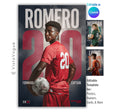 Soccer senior night poster and player banner template editable in Canva with oversized jersey number and bold surname typography over a smoky dark backdrop behind the athlete