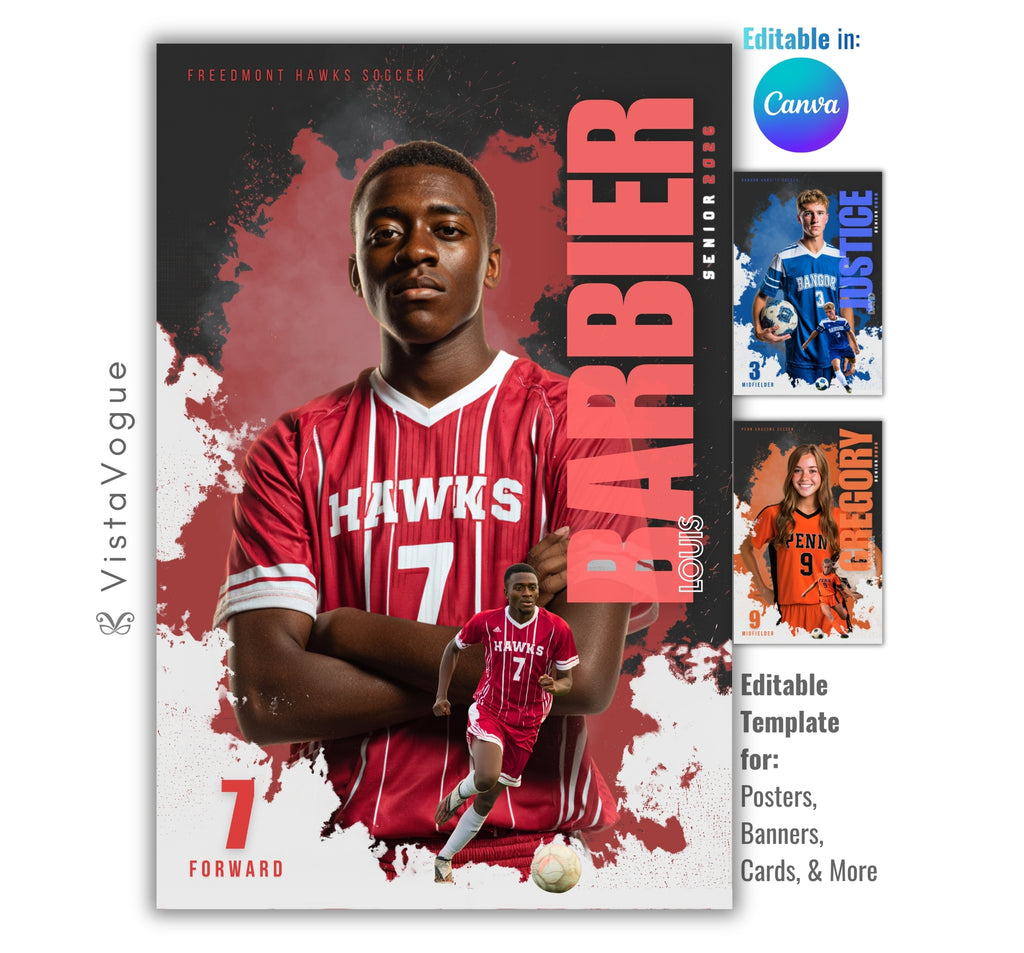 Soccer senior banner template editable in Canva with bold paint burst background, layered athlete cutouts, and customizable senior night sports poster design