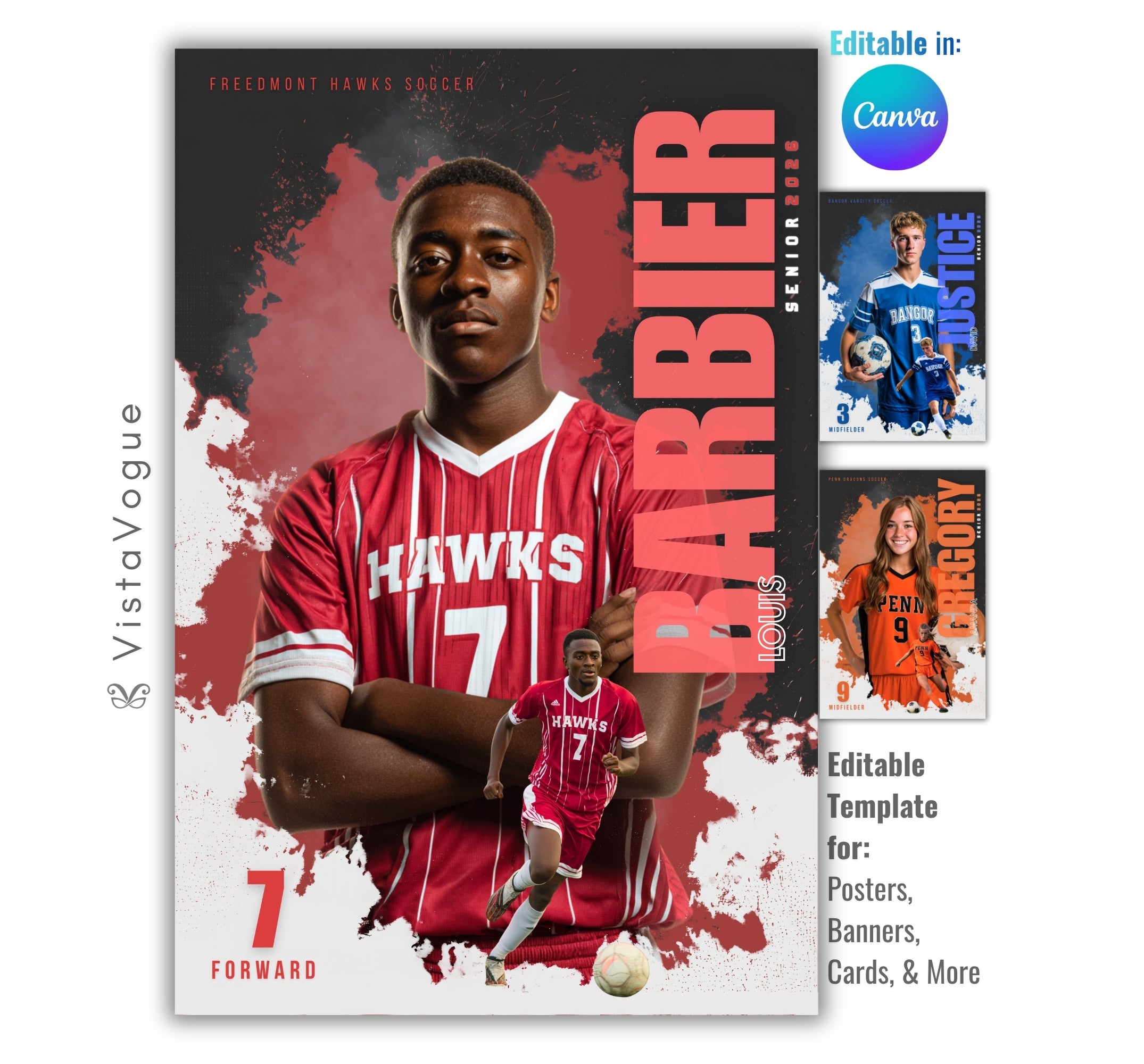 Soccer senior banner template editable in Canva with bold paint burst background, layered athlete cutouts, and customizable senior night sports poster design