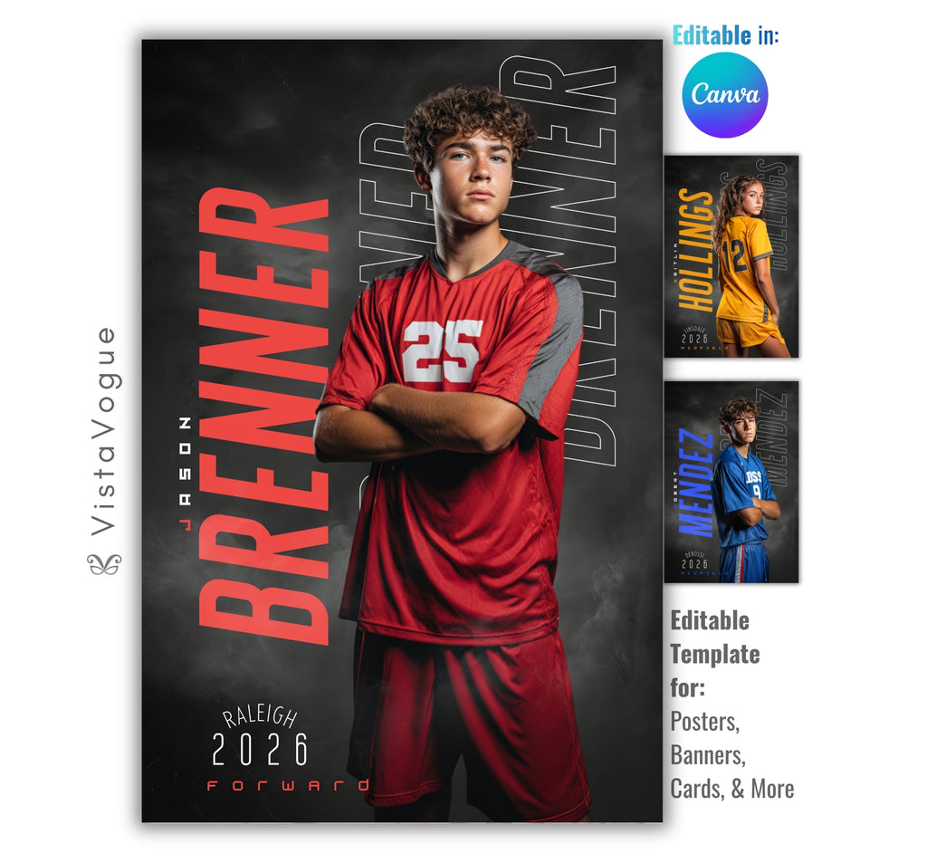 Soccer poster template editable in Canva with dark charcoal smoky backdrop and bold repeating surname typography angled behind the athlete