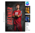 Soccer poster template editable in Canva with dark charcoal smoky backdrop and bold repeating surname typography angled behind the athlete