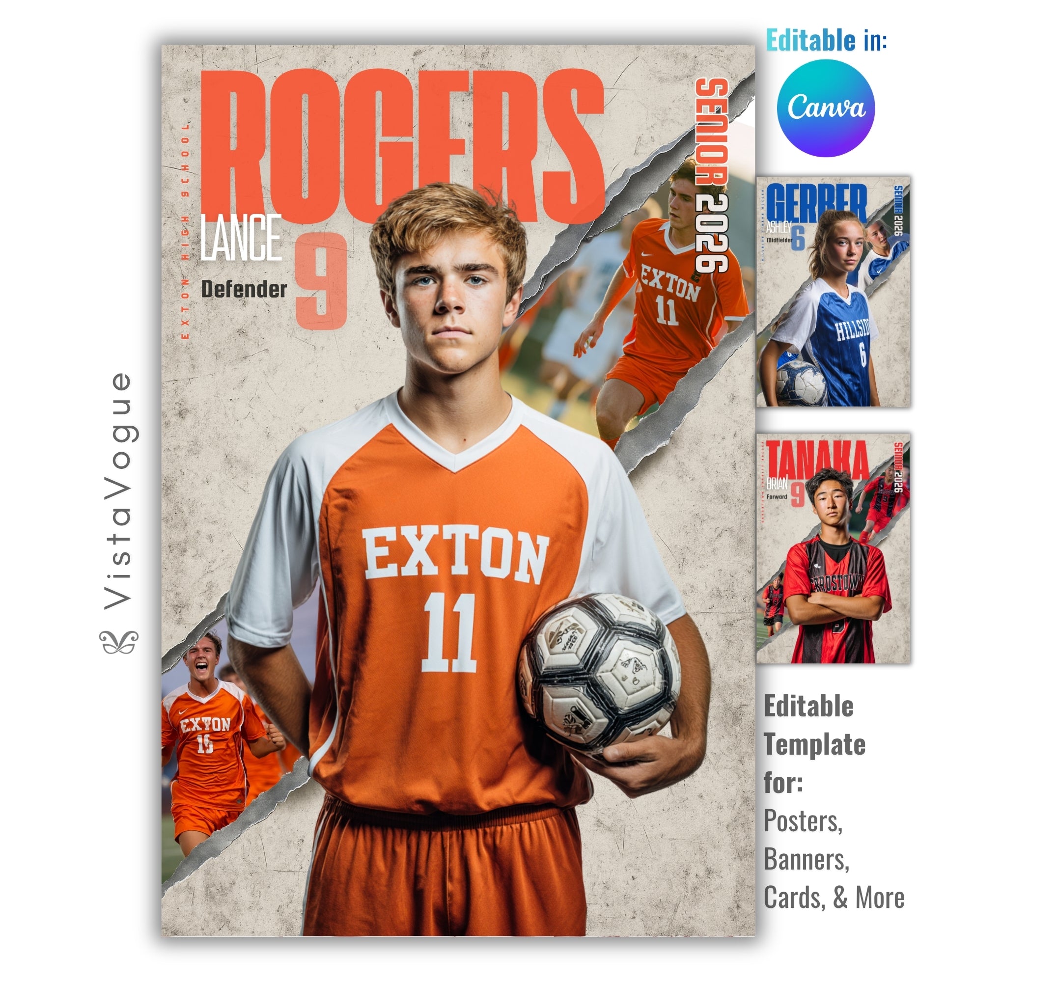 Soccer poster template editable in Canva with torn backdrop grunge texture and multi-photo action layout revealing the athlete from behind