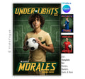 Soccer senior night poster and memory mate template editable in Canva with overhead turf field markings backdrop and bold motivational header text above the athlete