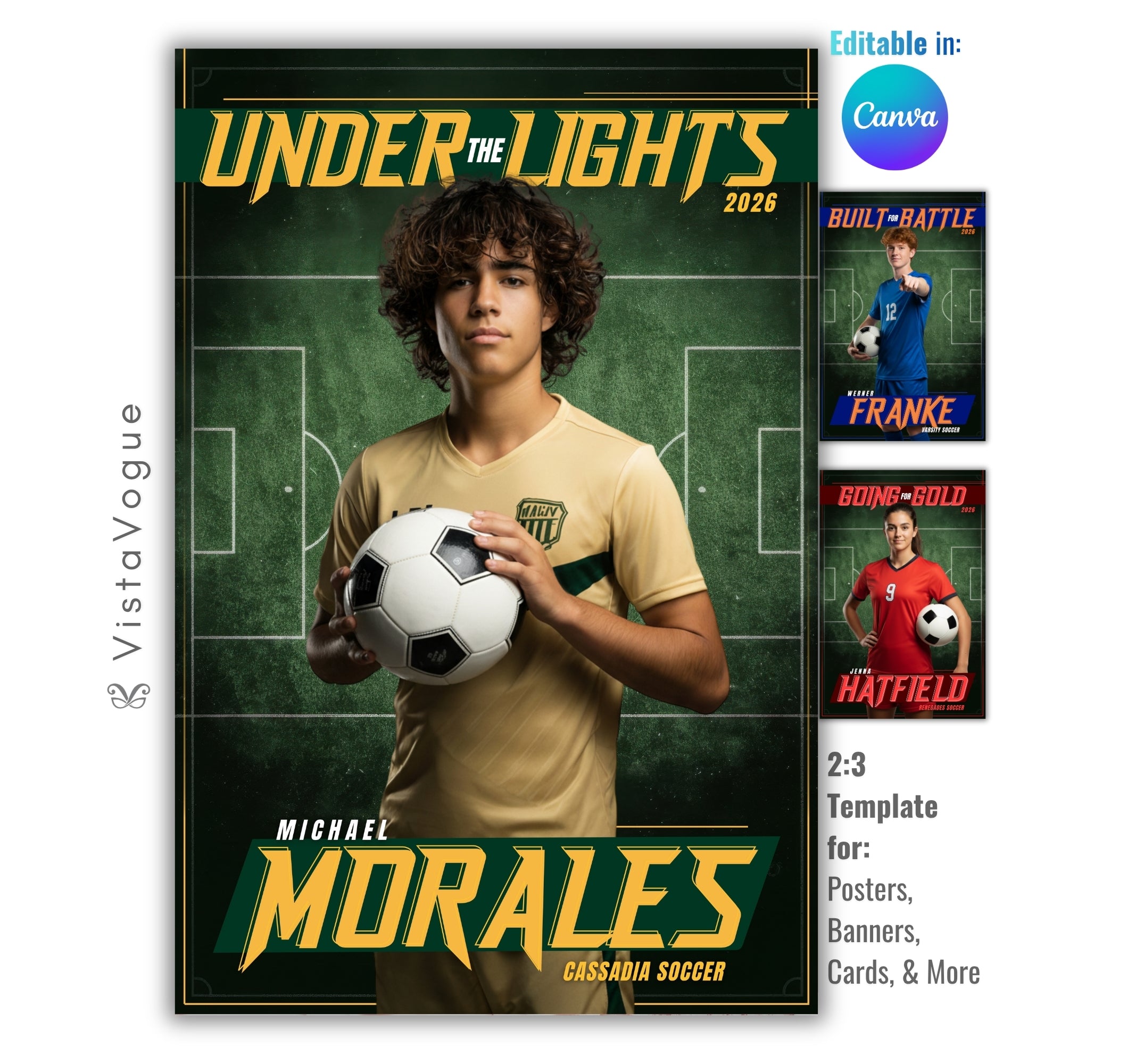Soccer senior night poster and memory mate template editable in Canva with overhead turf field markings backdrop and bold motivational header text above the athlete
