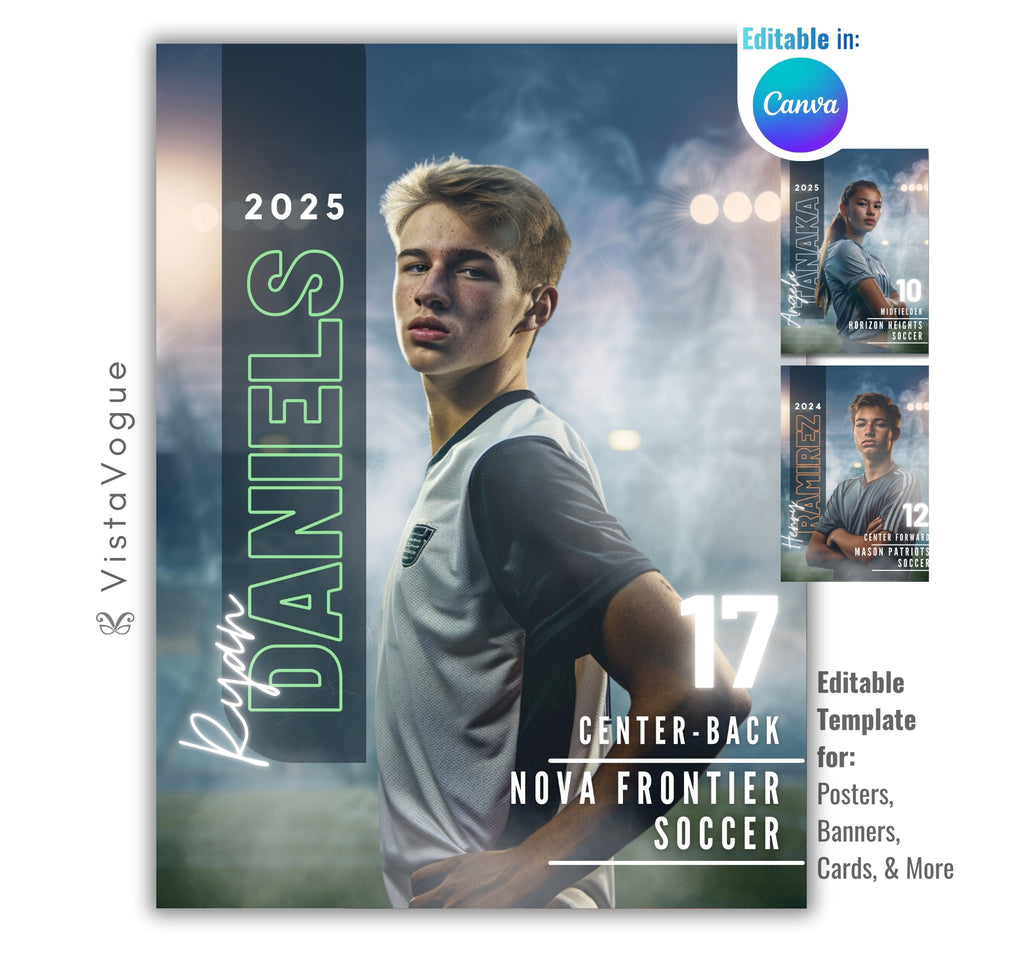 Soccer senior night poster and player banner template editable in Canva with vertical surname typography and smoky stadium lights backdrop behind the over-the-shoulder athlete portrait