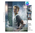 Soccer senior night poster and player banner template editable in Canva with vertical surname typography and smoky stadium lights backdrop behind the over-the-shoulder athlete portrait