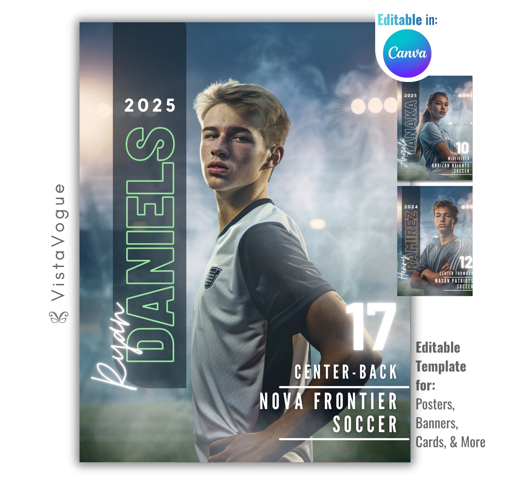 Soccer senior night poster and player banner template editable in Canva with vertical surname typography and smoky stadium lights backdrop behind the over-the-shoulder athlete portrait