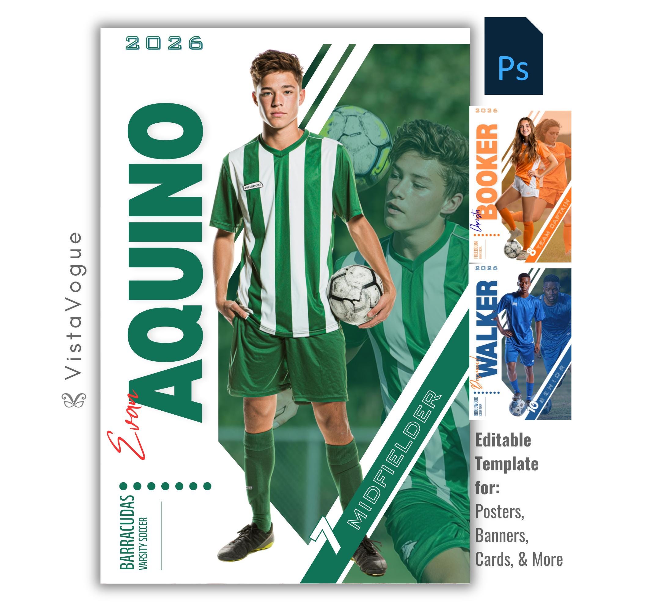 Soccer trading card and poster template editable in Photoshop with dual athlete photo layout and bold diagonal white slash design framing the athlete