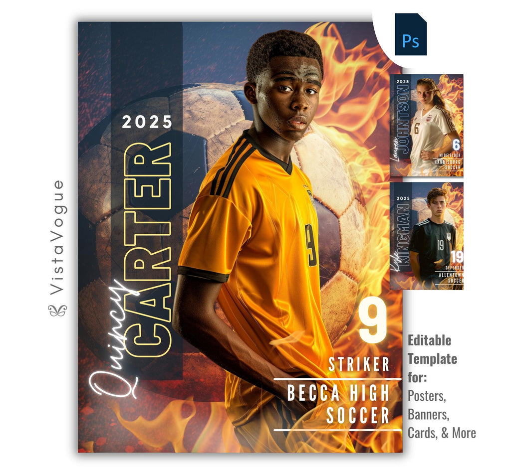 Soccer trading card and poster template editable in Photoshop with fire flames and oversized soccer ball texture backdrop with bold vertical surname typography alongside the athlete