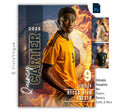 Soccer trading card and poster template editable in Photoshop with fire flames and oversized soccer ball texture backdrop with bold vertical surname typography alongside the athlete