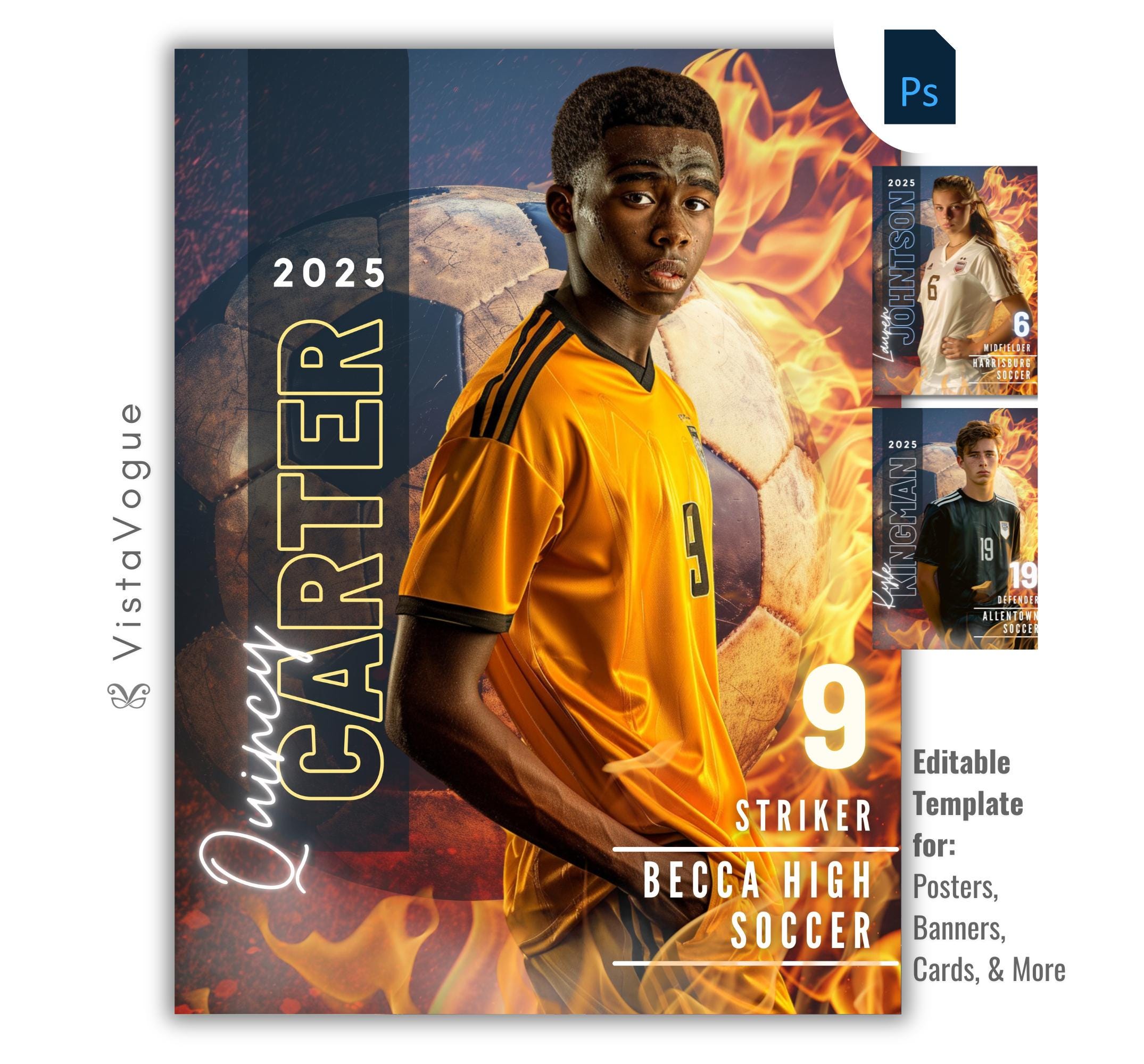 Soccer trading card and poster template editable in Photoshop with fire flames and oversized soccer ball texture backdrop with bold vertical surname typography alongside the athlete