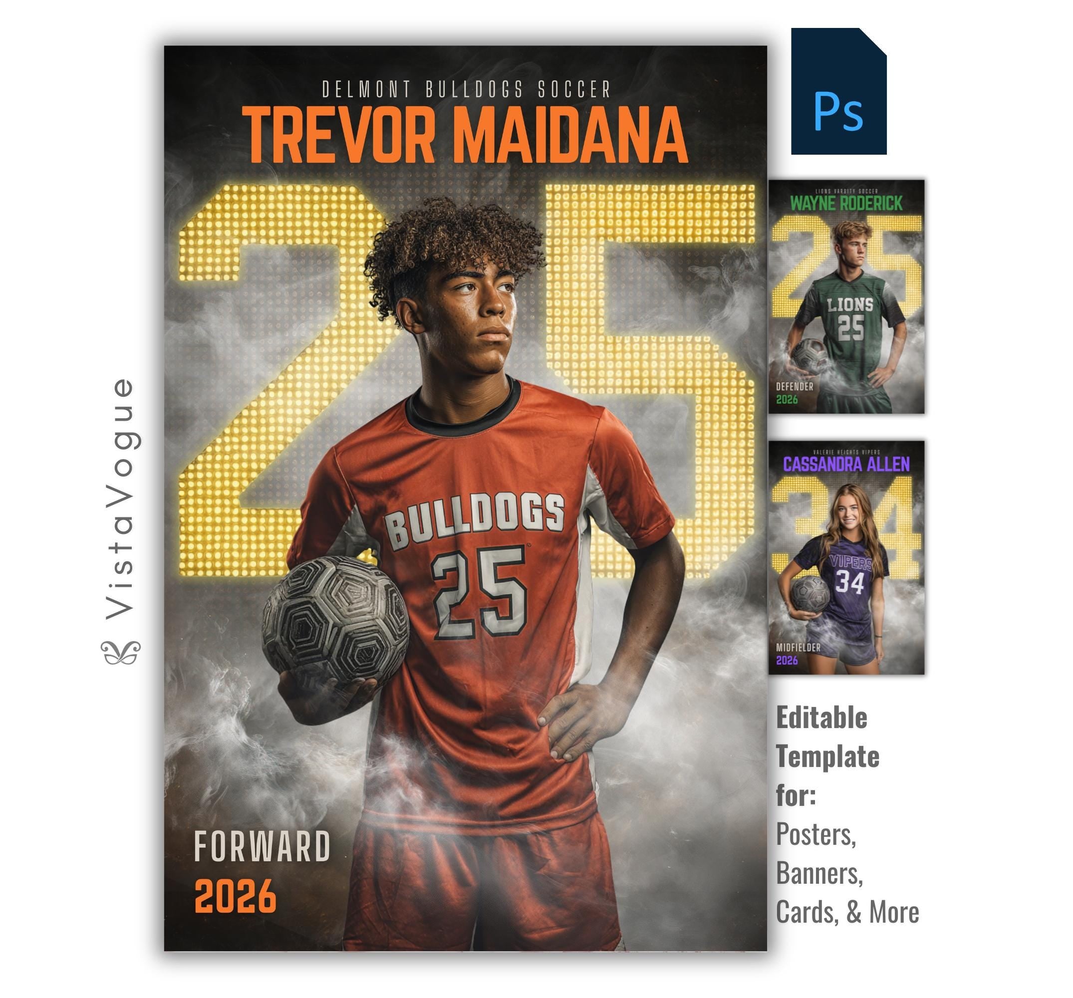 Soccer senior banner template for Photoshop with glowing LED number background, smoky effects, and customizable athlete poster layout for senior night sports graphics