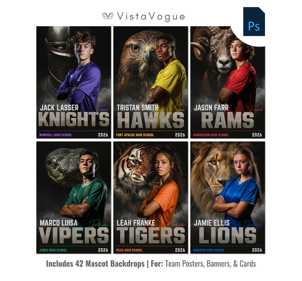 Sports poster bundle template for Photoshop featuring animal mascot backdrops including knights, hawks, rams, vipers, tigers, and lions for senior night banners and player posters