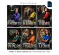 Sports poster bundle template for Photoshop featuring animal mascot backdrops including knights, hawks, rams, vipers, tigers, and lions for senior night banners and player posters