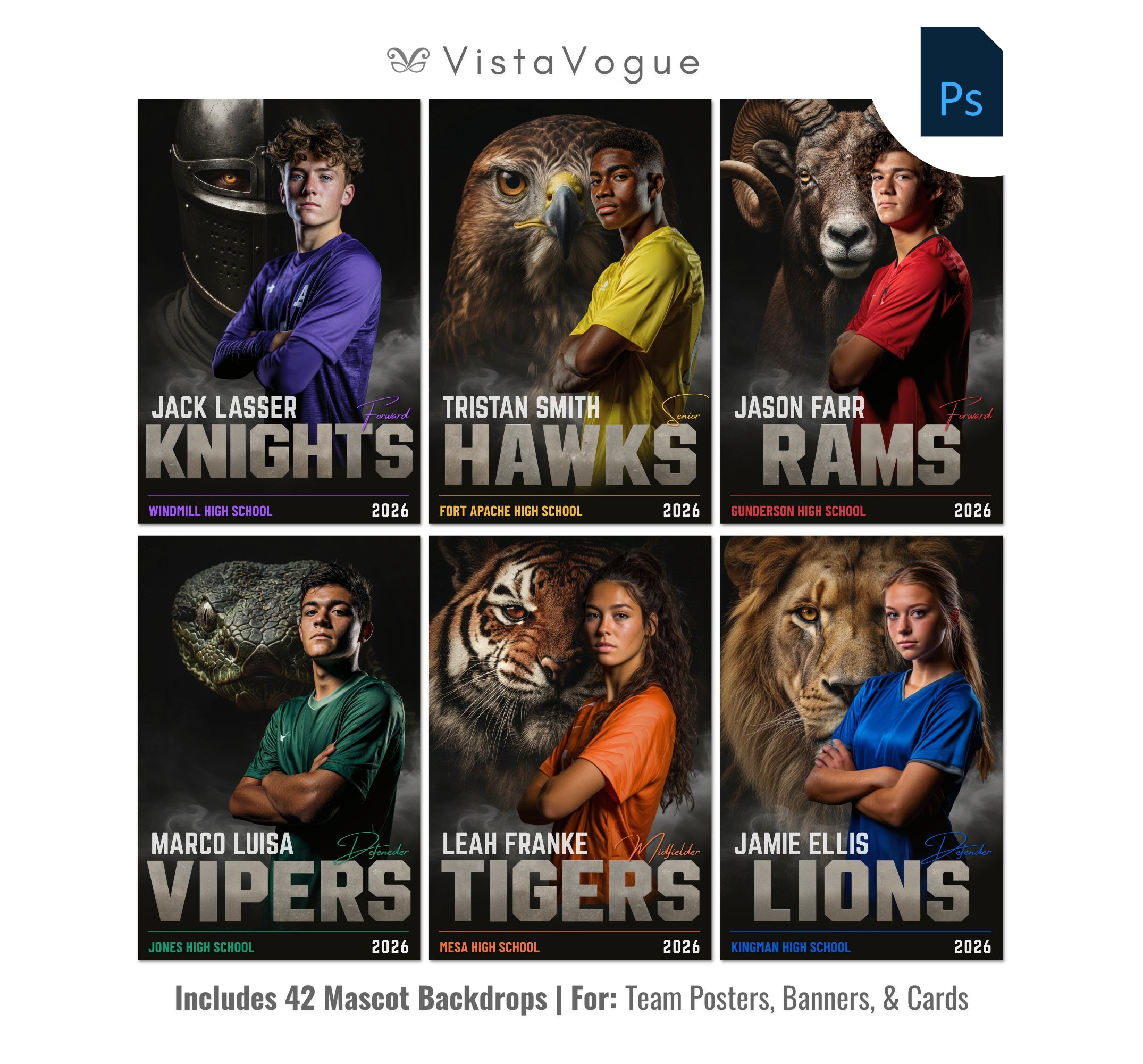 Sports poster bundle template for Photoshop featuring animal mascot backdrops including knights, hawks, rams, vipers, tigers, and lions for senior night banners and player posters
