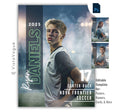 Soccer senior night poster and player banner template editable in Photoshop with vertical surname typography and smoky stadium lights backdrop behind the over-the-shoulder athlete portrait