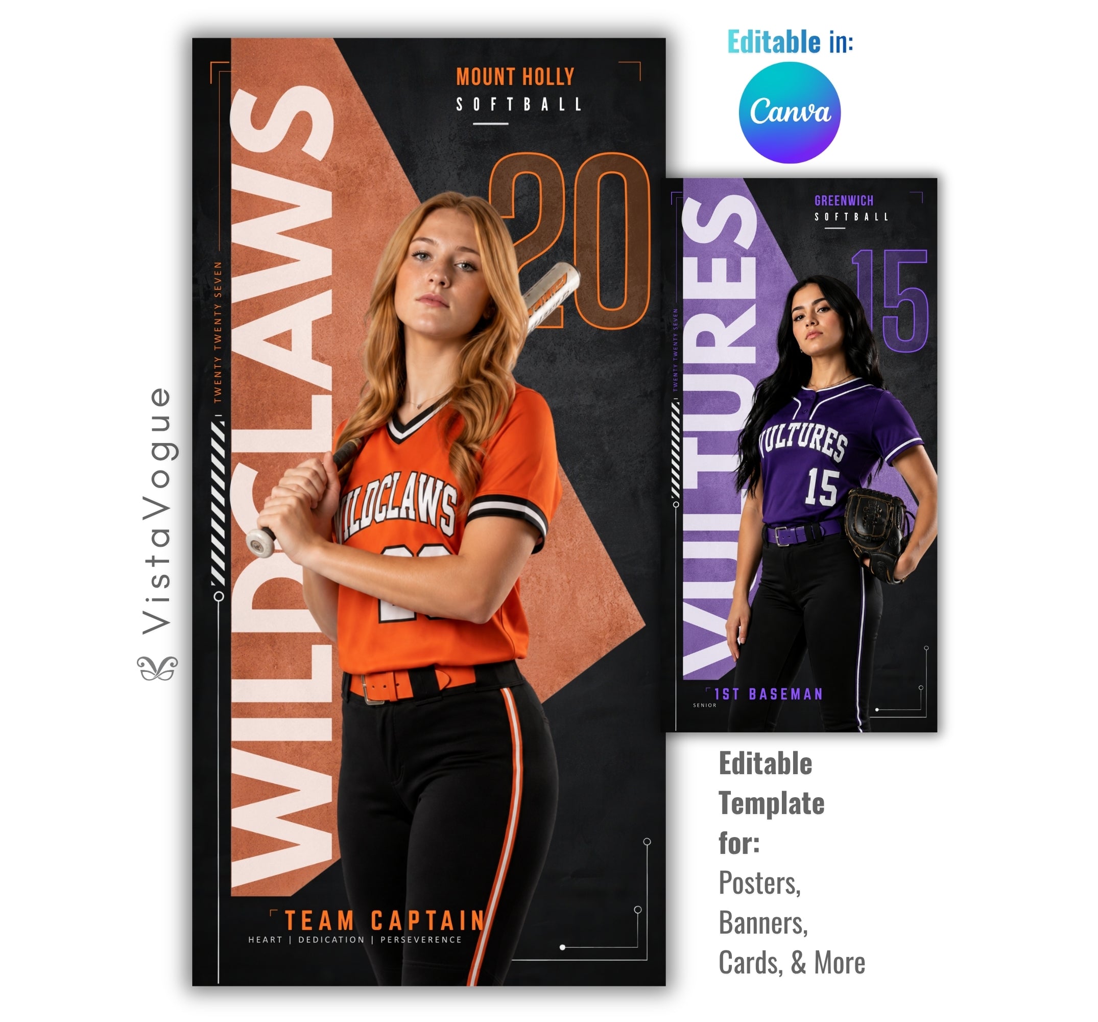 Editable softball banner template with geometric sports poster design shown in Canva mockup