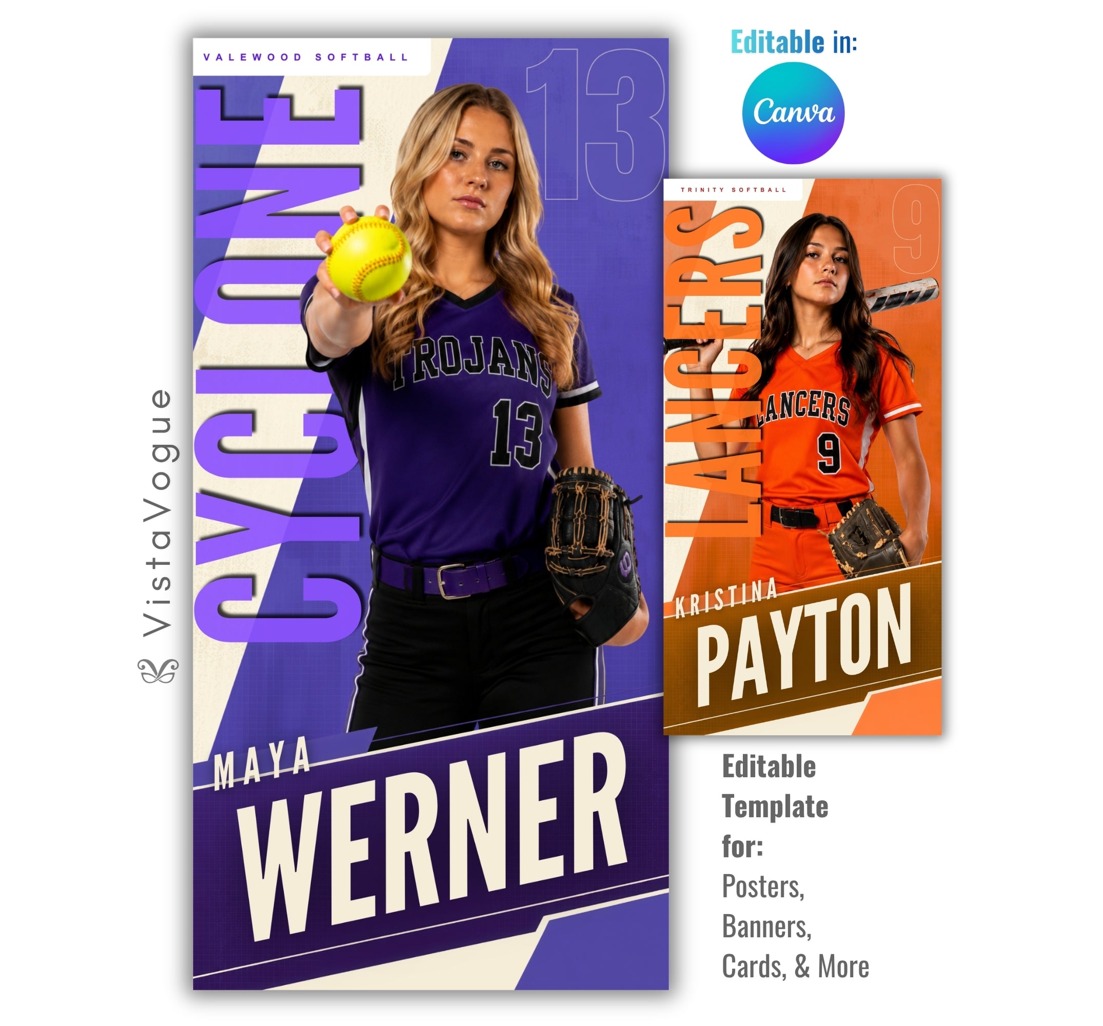 Editable softball banner template with modern sports poster design shown in Canva mockup