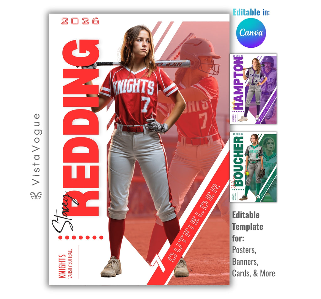 Softball senior night banner template editable in Canva with clean geometric layout, layered athlete images, and customizable sports poster design for player cards and banners