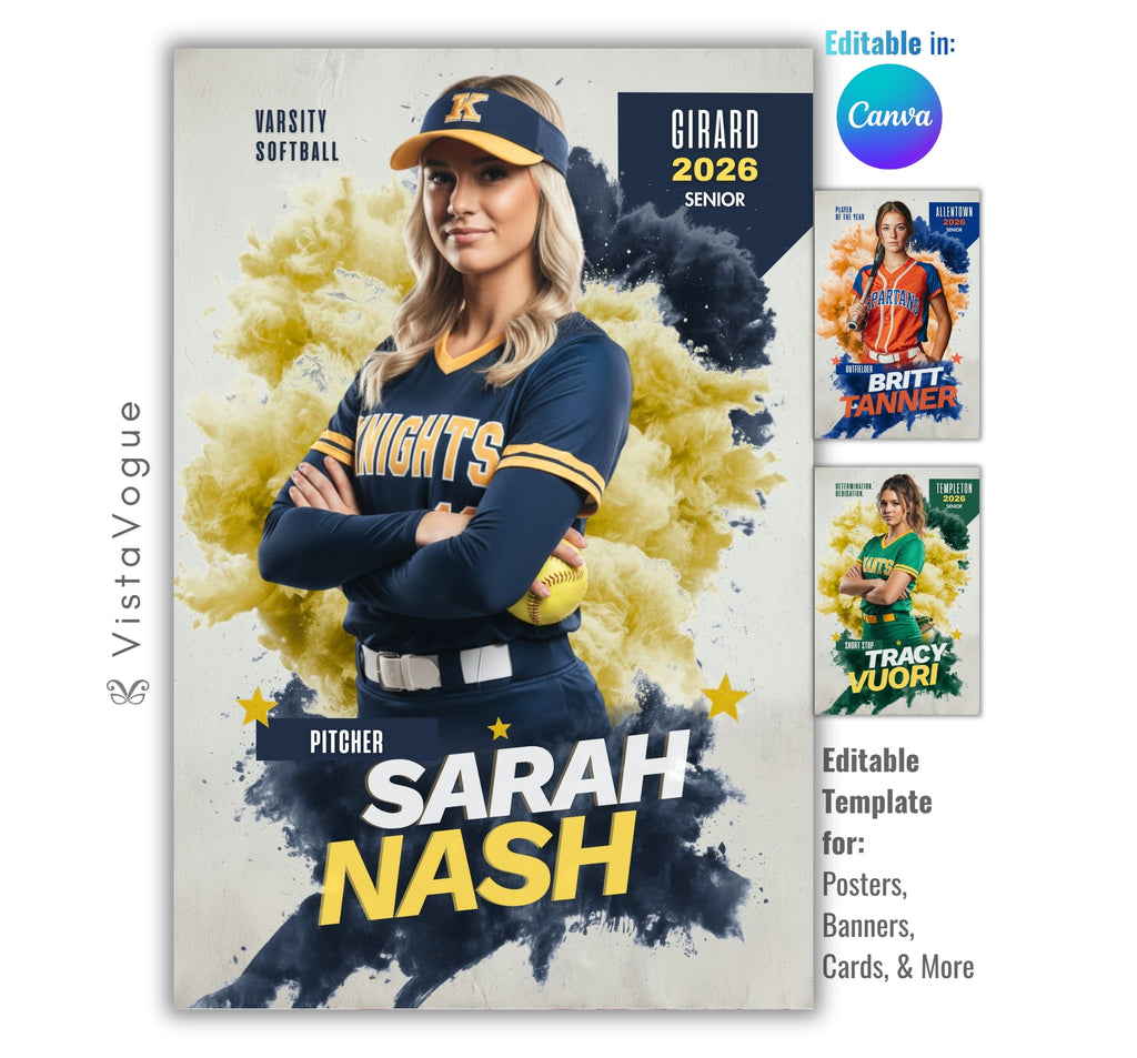 Softball senior banner template editable in Canva with colorful smoke cloud background, athlete poster layout, and customizable senior night design for pitchers and player cards