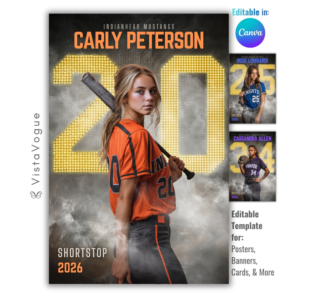 Softball senior night poster and player banner template editable in Canva with oversized glowing dotted scoreboard-style number and smoky dark backdrop behind the full-body athlete