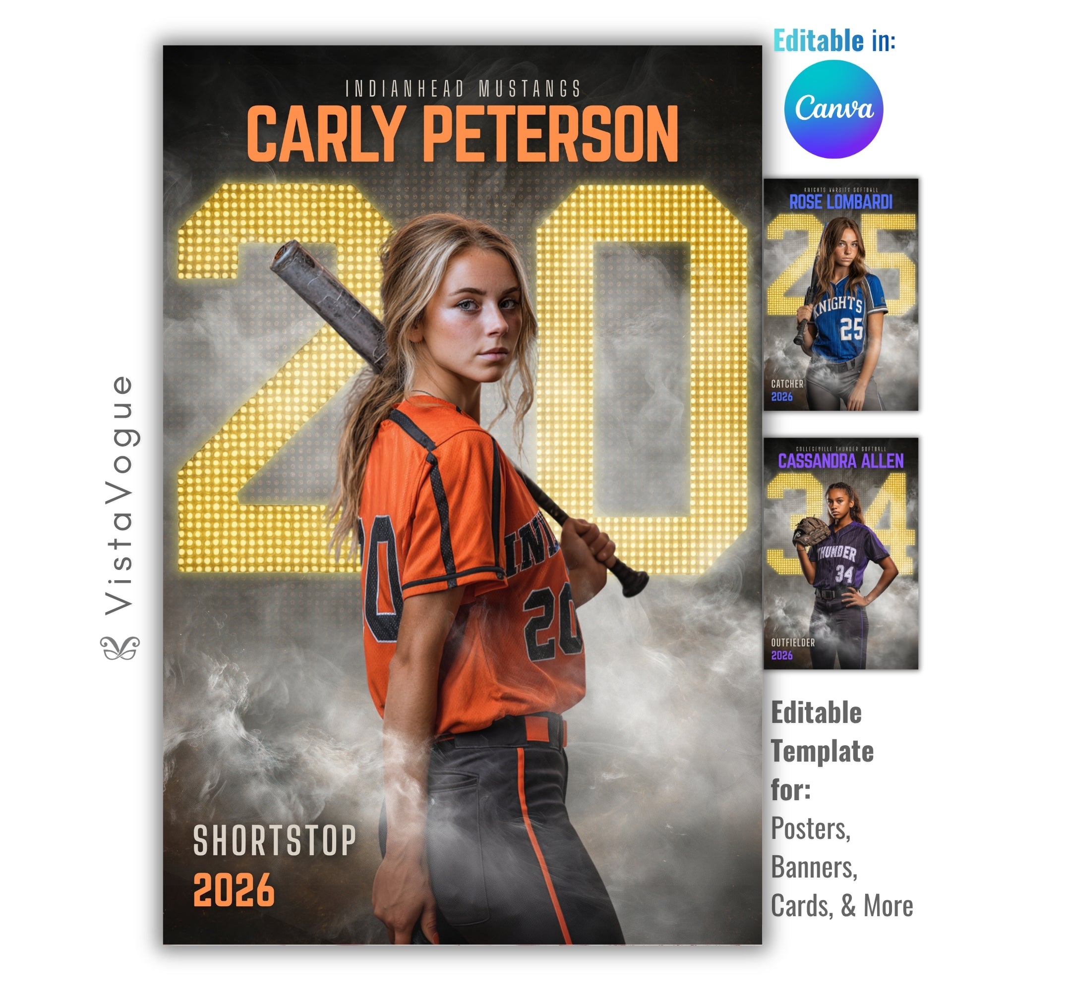 Softball senior night poster and player banner template editable in Canva with oversized glowing dotted scoreboard-style number and smoky dark backdrop behind the full-body athlete