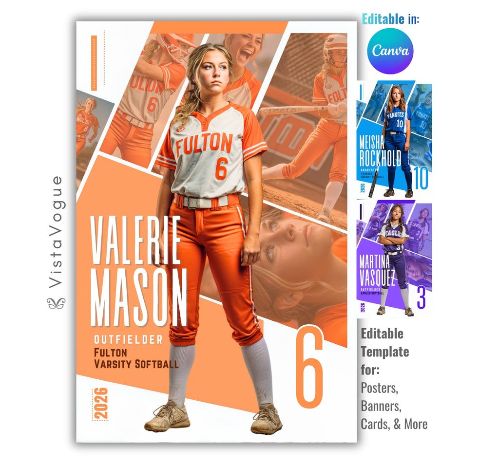 Softball senior night poster and player banner template editable in Canva with diagonal geometric panel layout featuring multiple action photos layered behind the full-body athlete