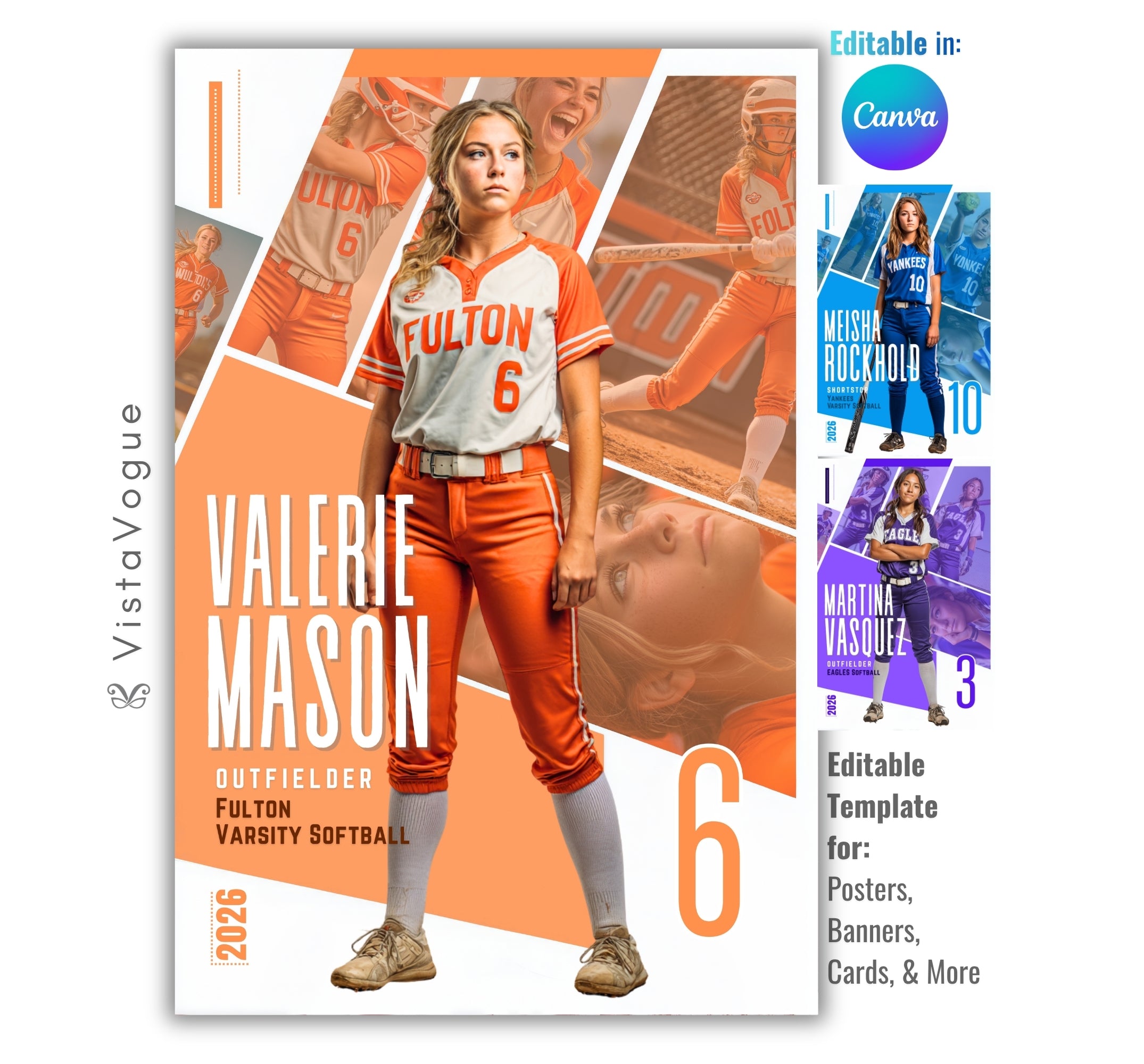 Softball senior night poster and player banner template editable in Canva with diagonal geometric panel layout featuring multiple action photos layered behind the full-body athlete