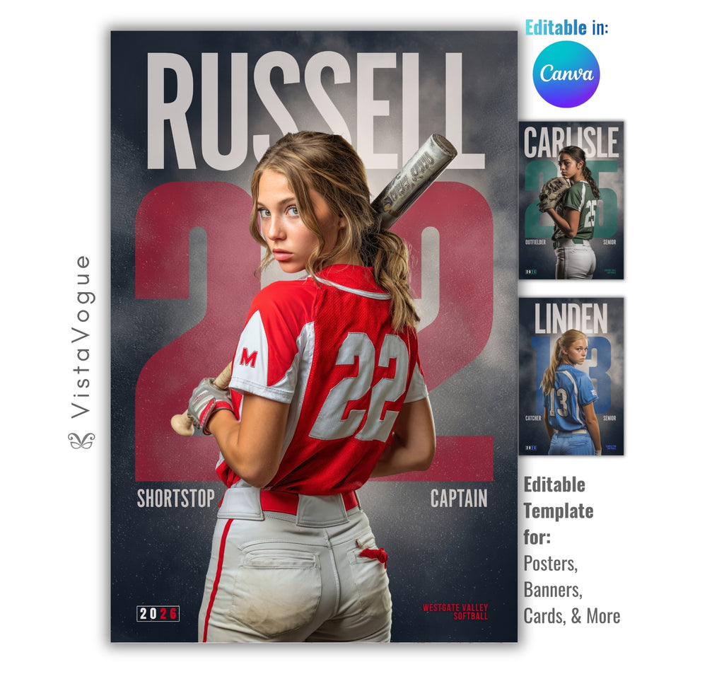Softball senior night poster template editable in Canva with oversized jersey number background, dramatic athlete portrait, and clean player banner layout