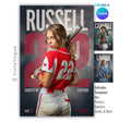 Softball senior night poster template editable in Canva with oversized jersey number background, dramatic athlete portrait, and clean player banner layout