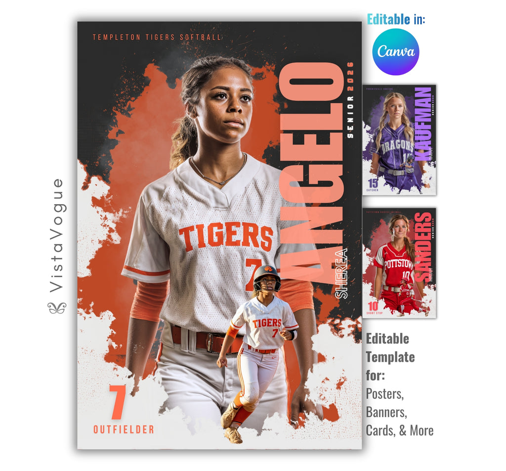 Softball senior night banner template editable in Canva with paint burst background, layered athlete cutouts, and customizable sports poster design for player graphics
