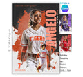 Softball senior night banner template editable in Canva with paint burst background, layered athlete cutouts, and customizable sports poster design for player graphics