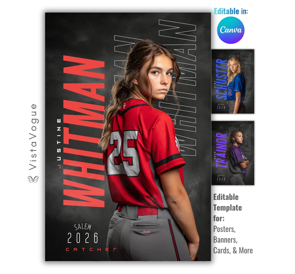 Softball senior night poster and player banner template editable in Canva with repeating surname typography layered over a dark charcoal chalkboard backdrop behind the over-the-shoulder athlete pose