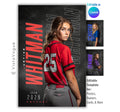 Softball senior night poster and player banner template editable in Canva with repeating surname typography layered over a dark charcoal chalkboard backdrop behind the over-the-shoulder athlete pose