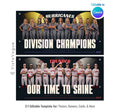 Softball and baseball team banner template editable in Canva with oversized softball backdrop and dark spotlight behind a full team lineup and bold motivational typography