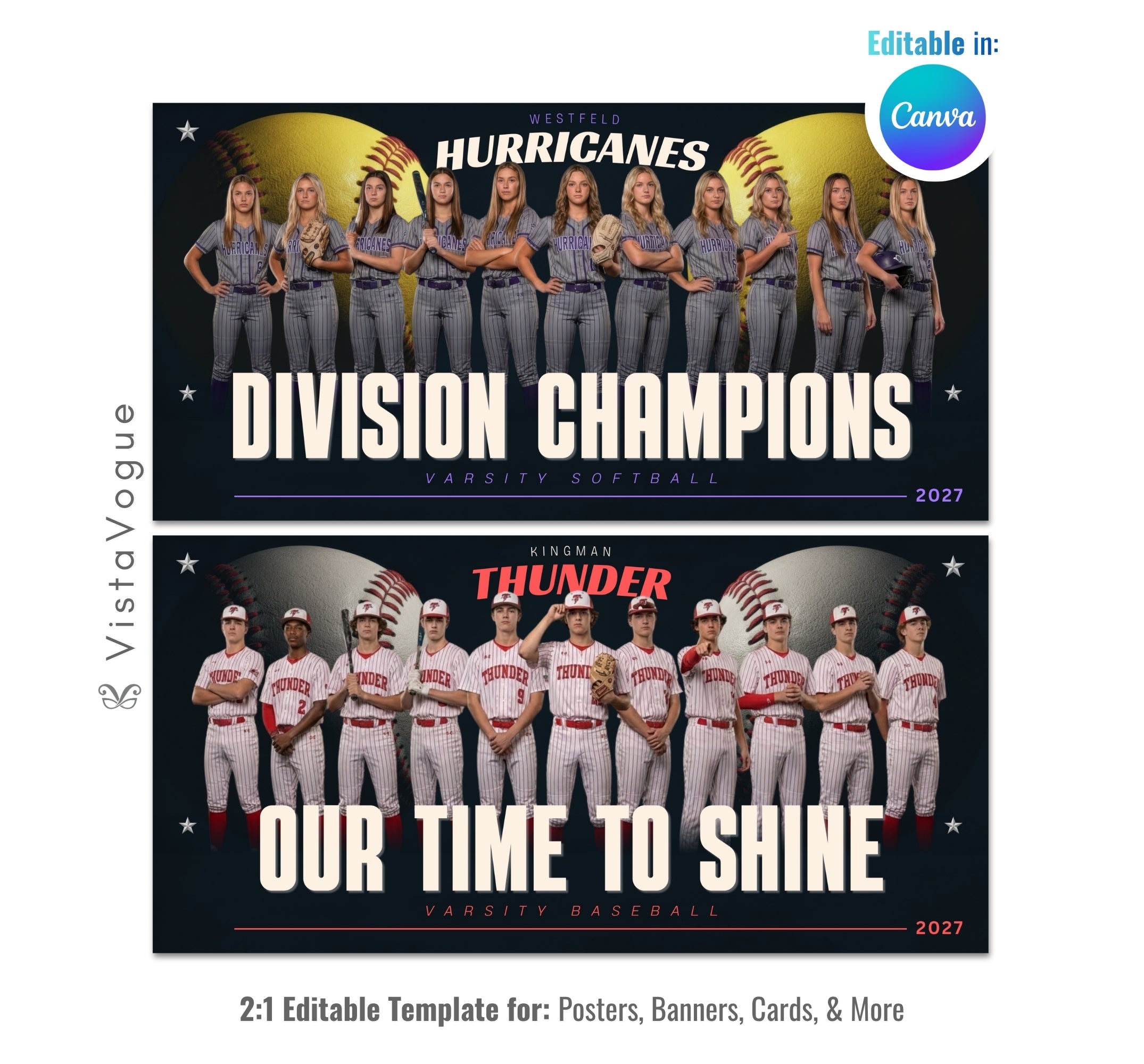 Softball and baseball team banner template editable in Canva with oversized softball backdrop and dark spotlight behind a full team lineup and bold motivational typography