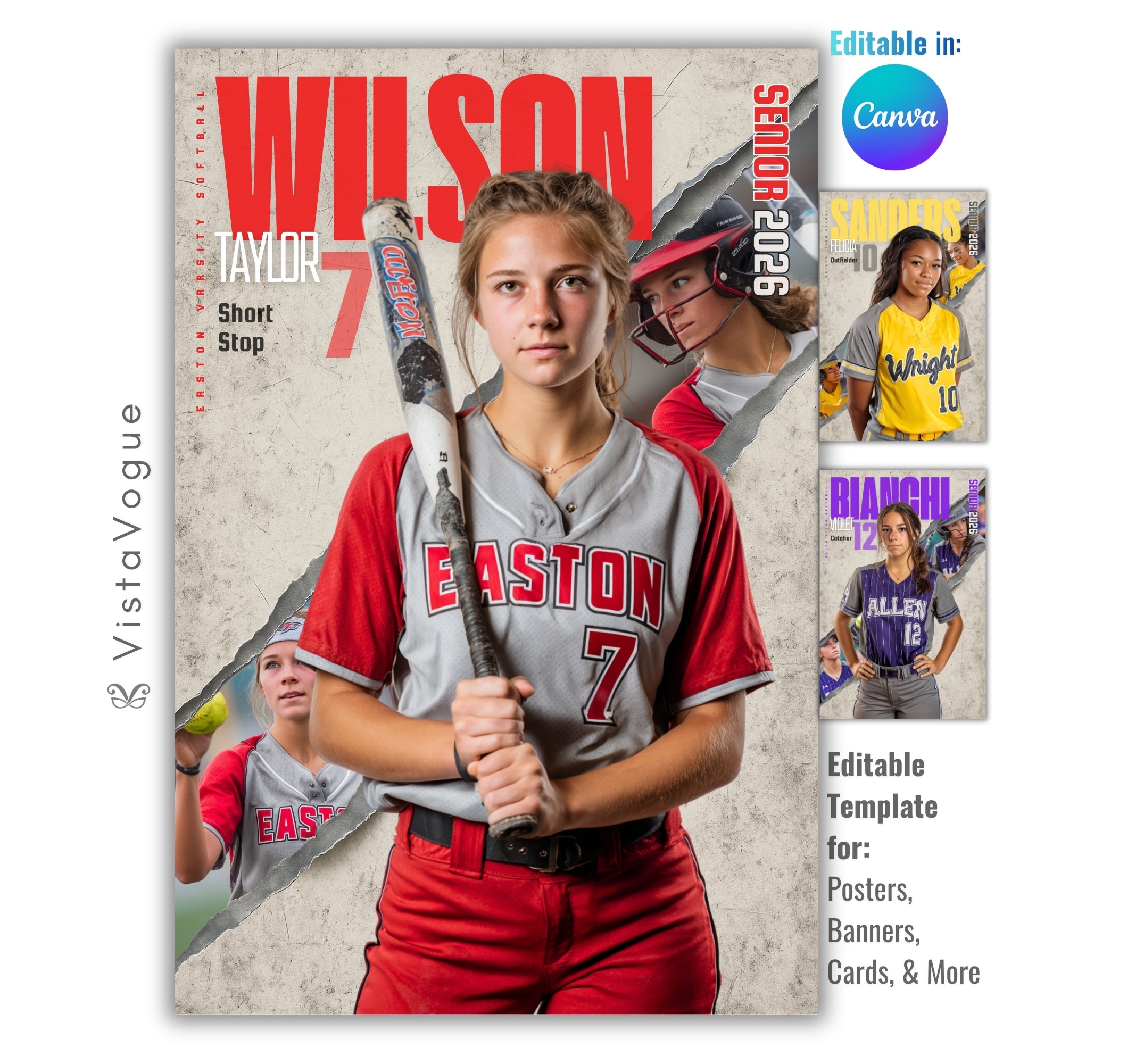Softball poster template editable in Canva with torn paper grunge texture and multi-photo action collage framing the athlete from behind