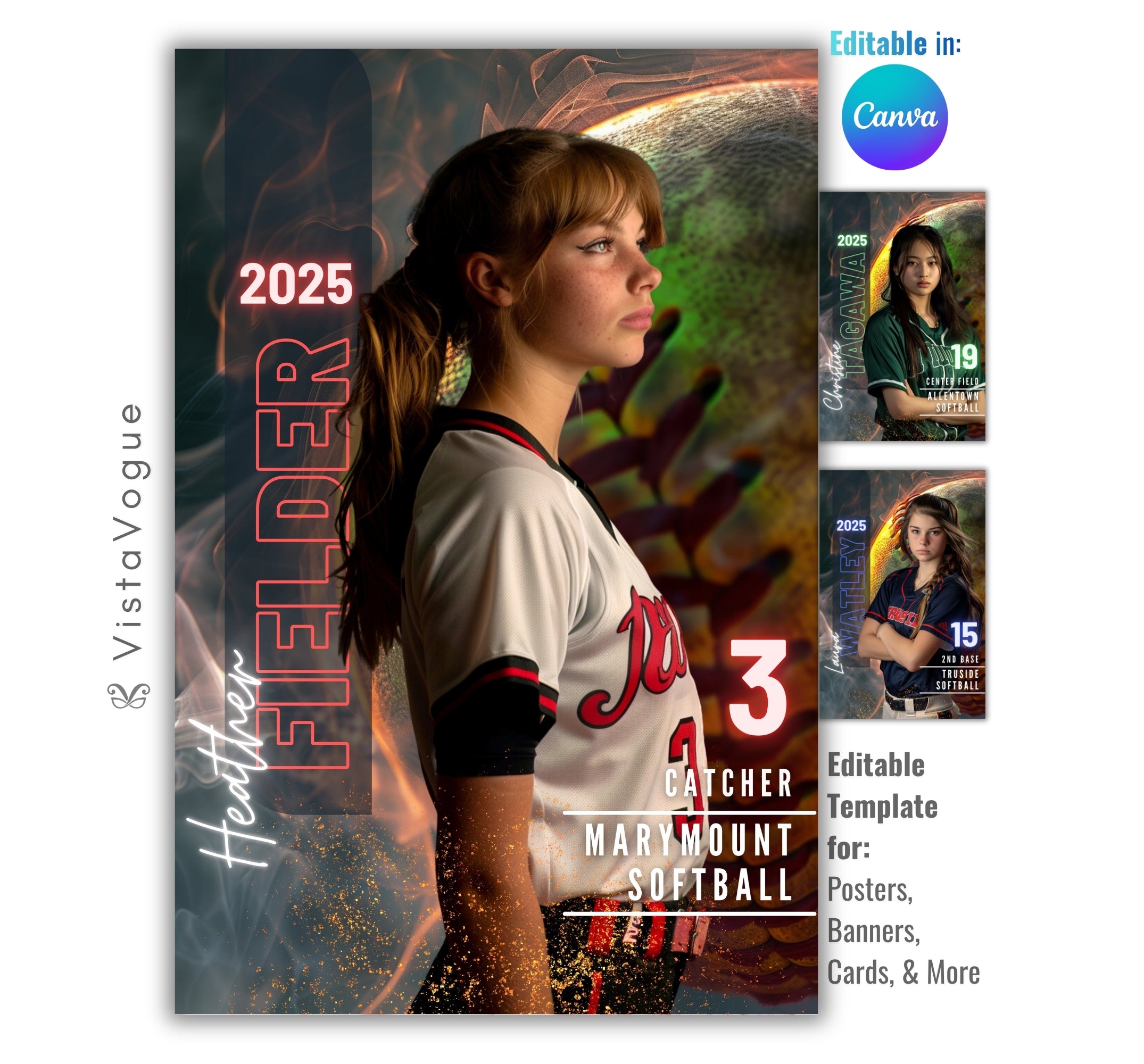 Softball senior night poster and player banner template editable in Canva with vertical surname typography and swirling fire and smoke abstract backdrop behind the close-up athlete portrait