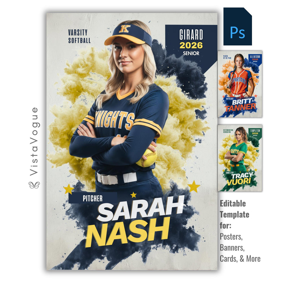 Softball senior banner template for Photoshop with dramatic smoke cloud background, customizable player poster layout, and editable senior night sports graphic design