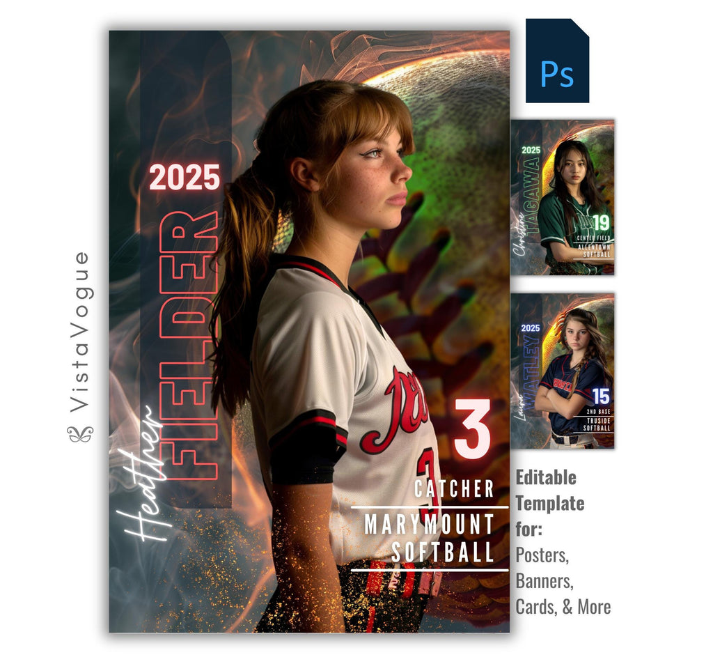 Softball senior night poster template for Photoshop with fiery softball background, glowing smoke effects, and customizable athlete banner design for sports posters and player cards